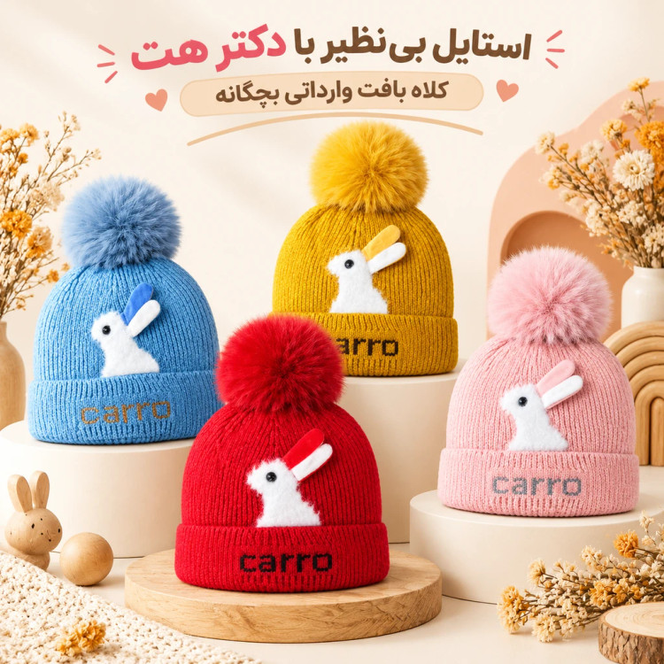 کلاه بافت بچگانه وارداتی داخل پلار مدل خرگوش مناسب 1 تا 4 سال