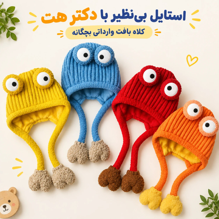 کلاه بافت بچگانه وارداتی داخل خز طرح غورباقه مناسب 3 تا 8 سال