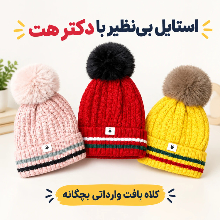 کلاه بافت وارداتی بچگانه داخل خز مدل پوم پومی مناسب 2 تا 6 سال