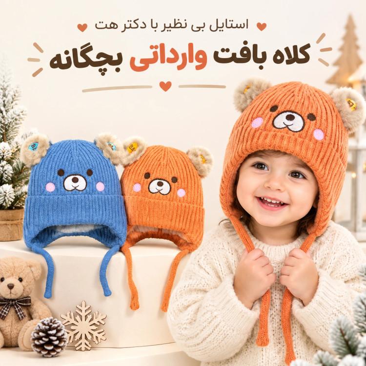 کلاه بافت وارداتی بچگانه داخل پلار مدل خرسی مناسب نوزادی تا 2 سال