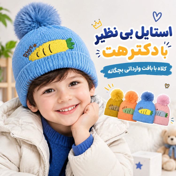کلاه بافت وارداتی بچگانه پوم پوم دار مناسب 2 تا 5 سال