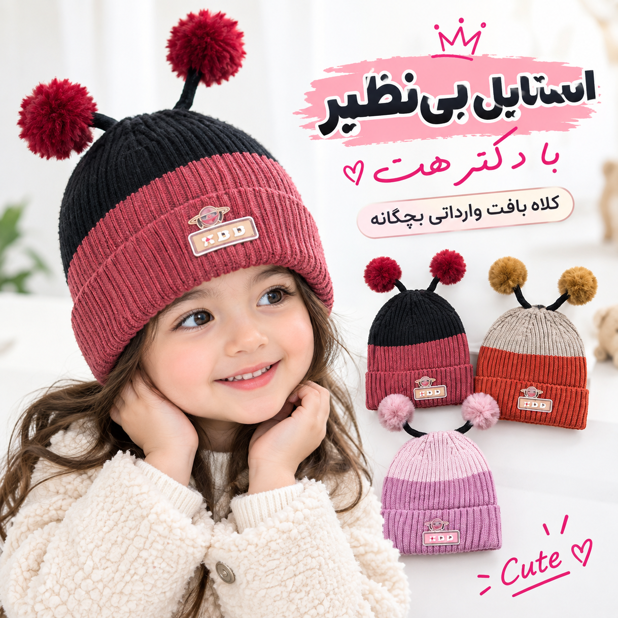 کلاه بافت وارداتی بچگانه داخل پلار دو رنگ پوم پومی مناسب 1 تا 3 سال