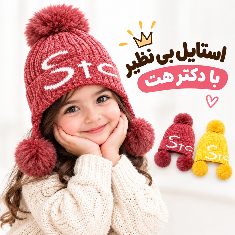 کلاه بافت وارداتی بچگانه داخل خز پوم پومی مناسب 2 تا 6 سال