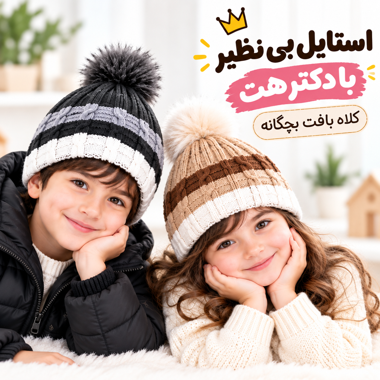کلاه بافت بچگانه دولایه پوم پومی مناسب ۳ تا ۸ سال